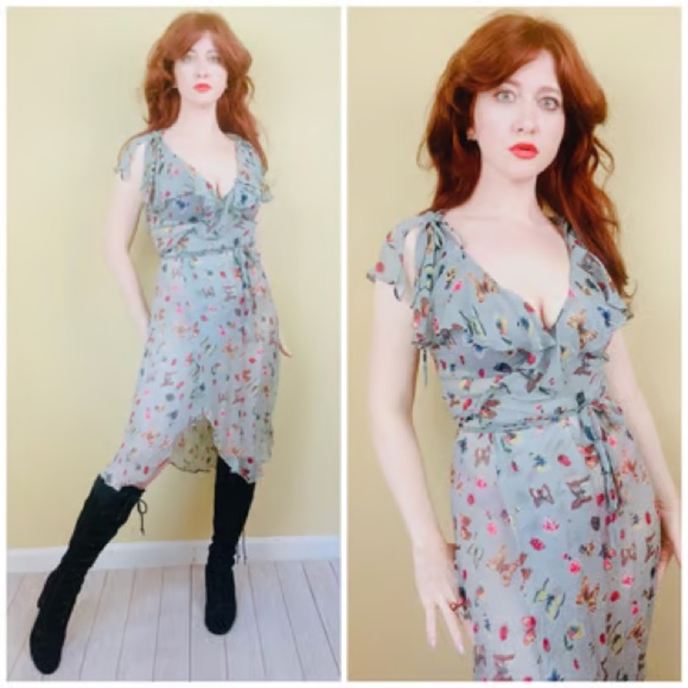 ON HOLD ** VINTAGE BETSEY JOHNSON SILK MIDI WRAP BUTTERFLY DRESS M
